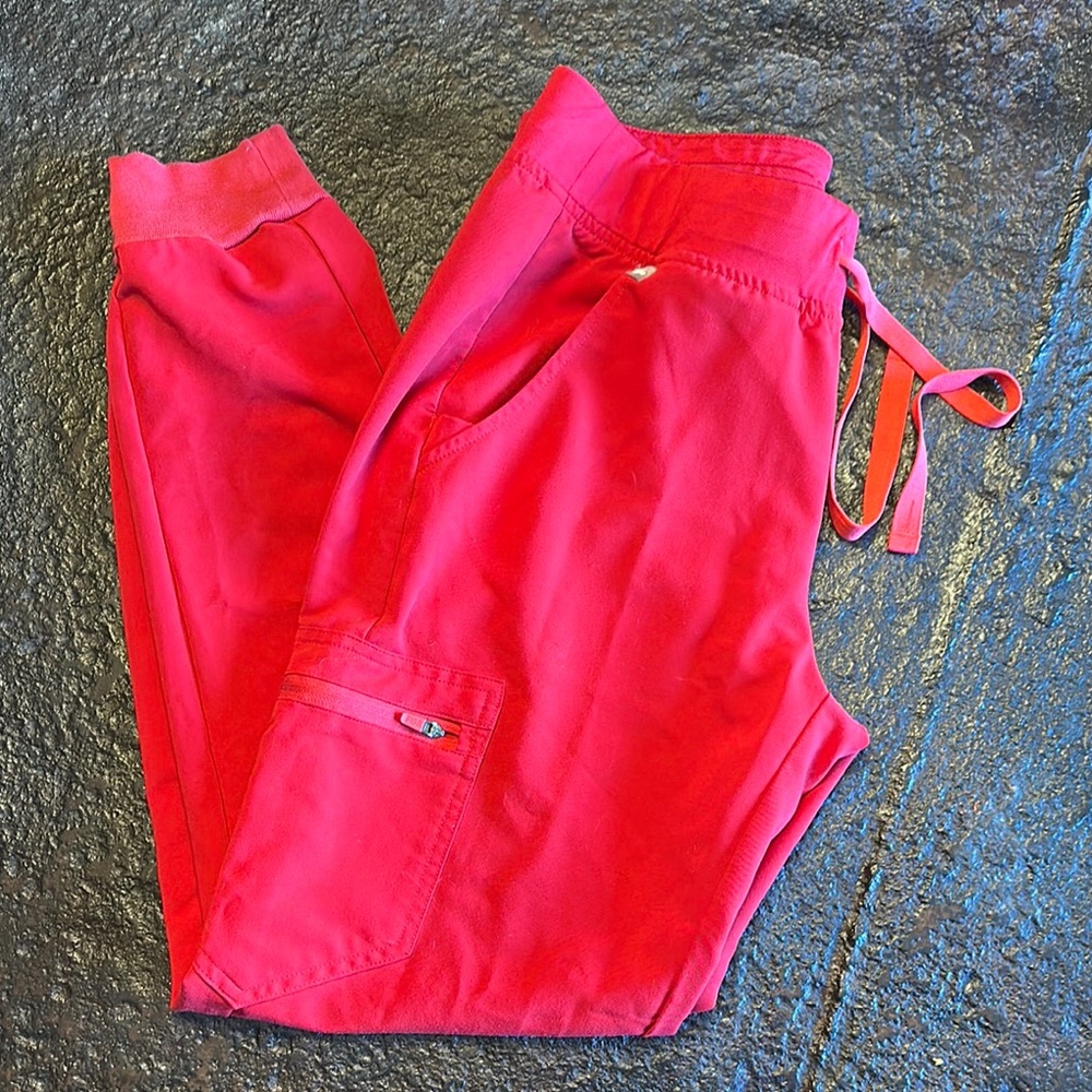 Red jogger style scrubs